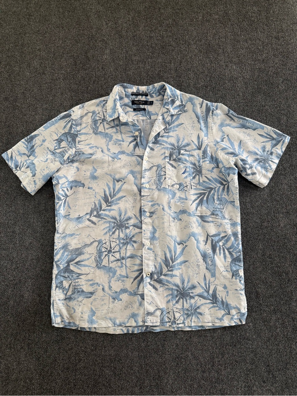Nautica Light Blue and White Tropical Camp Shirt